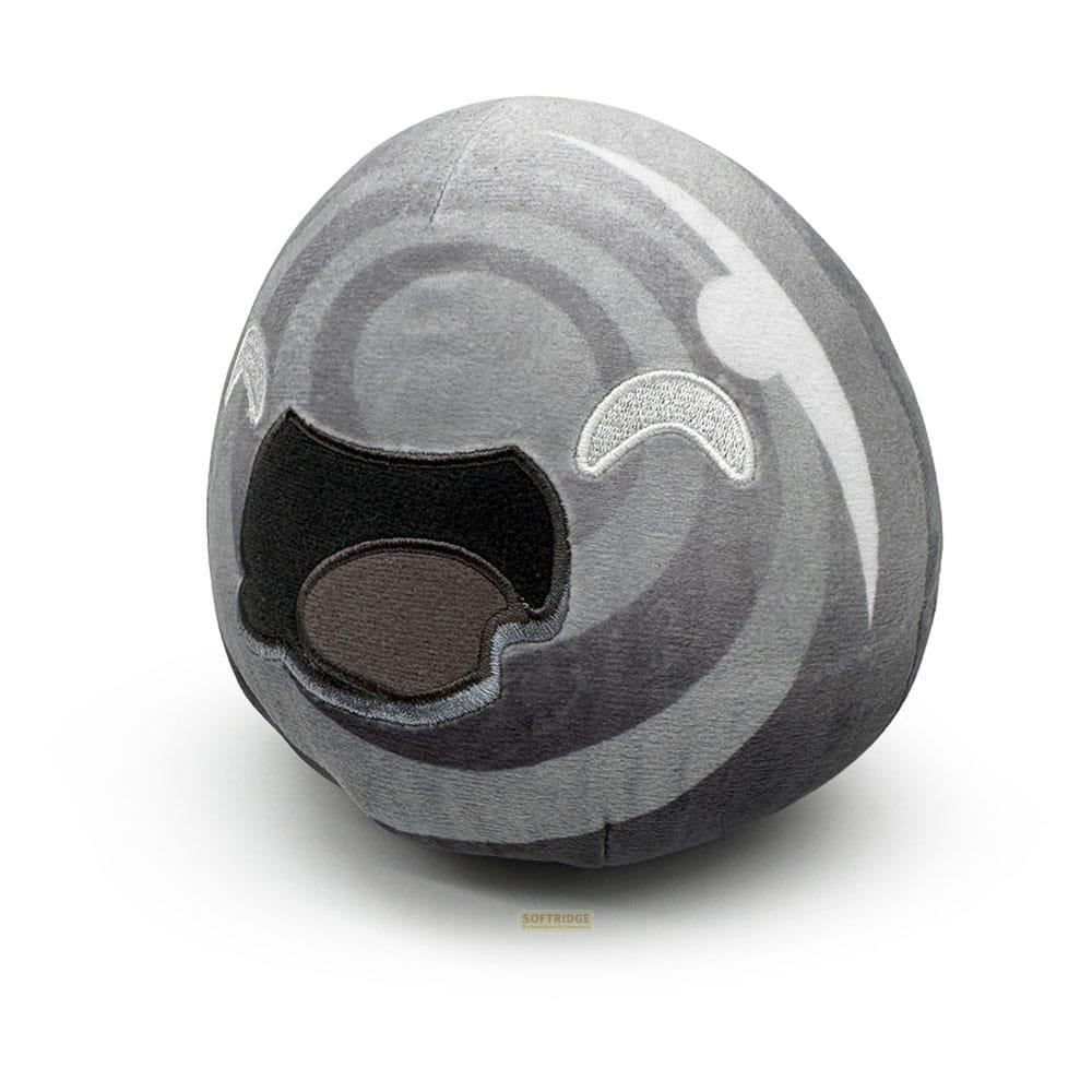 Peluche redondo gris con cara, boca negra y ojos blancos. Patrón en espiral.