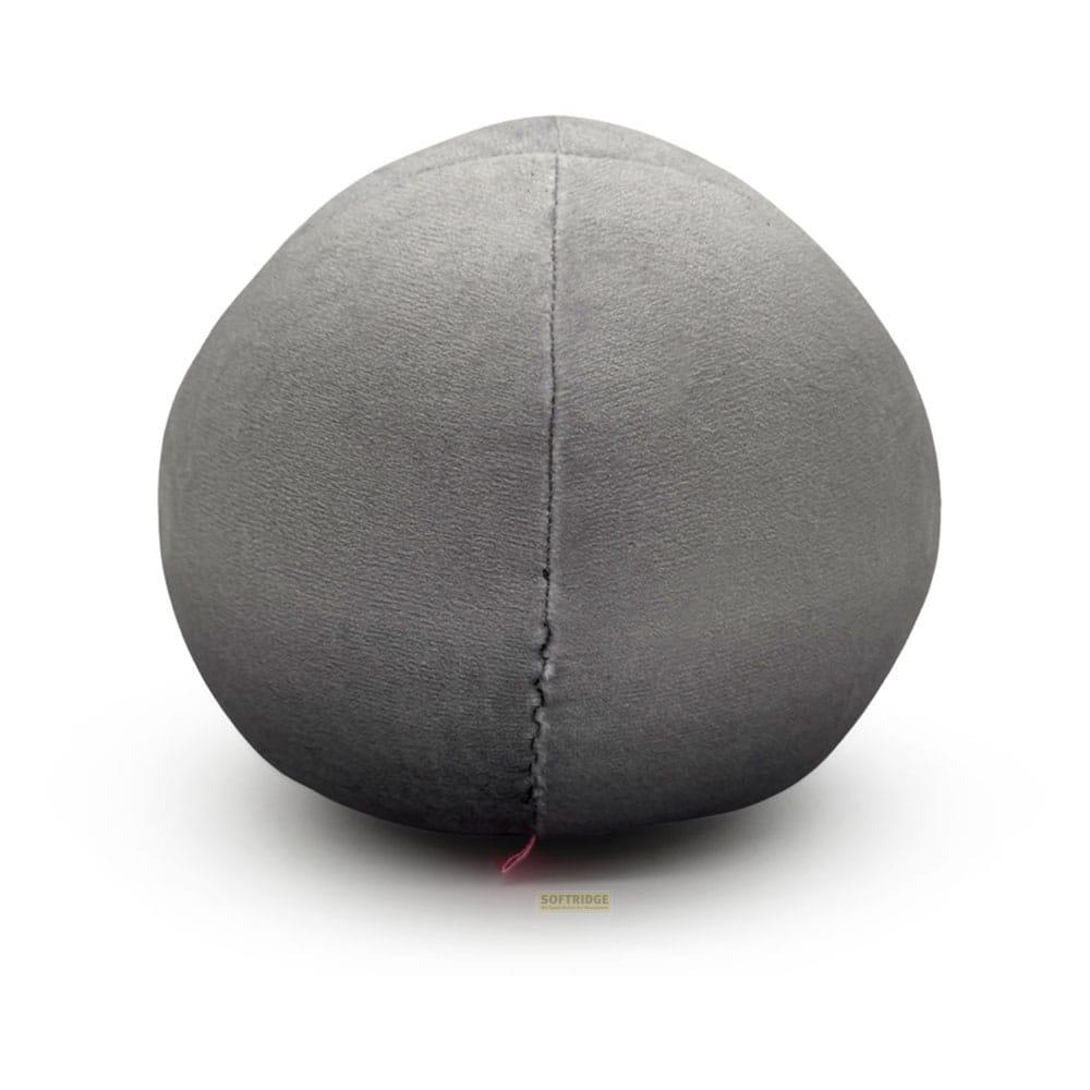 Una pelota de peluche gris y redonda con una costura en el medio.