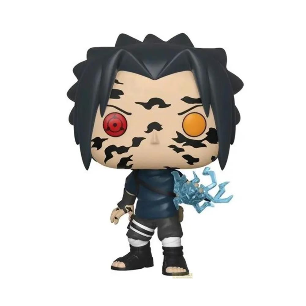 Figura Funko Pop de Sasuke con pelo negro, ojo rojo y amarillo, traje azul y mano chispeante.