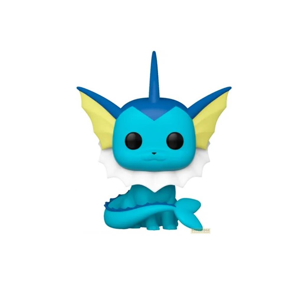 Un Funko Pop Vaporeon bleu avec des nageoires jaunes et un collier blanc.