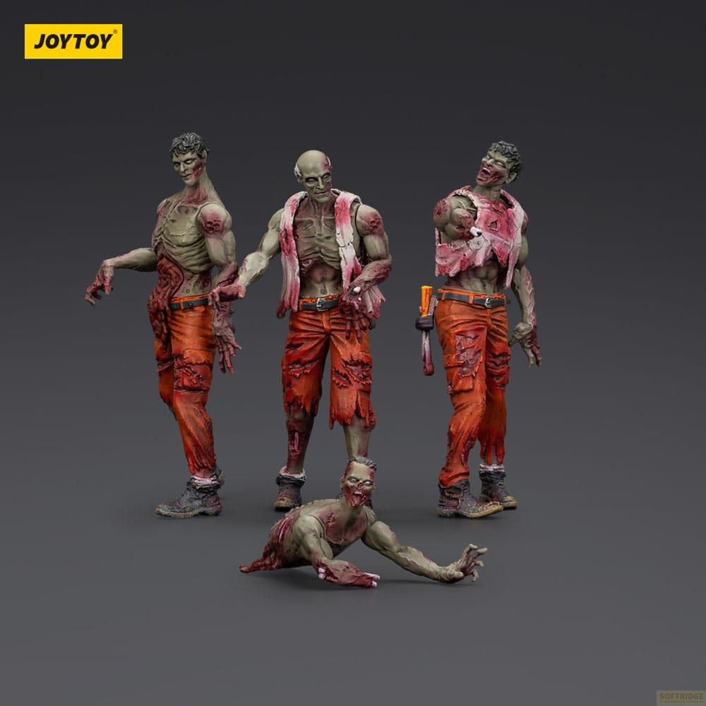 Quattro dettagliate figure di zombie in pantaloni arancioni su sfondo grigio.