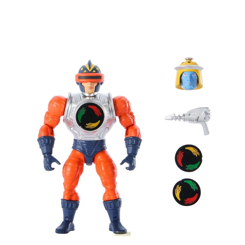 Robot giocattolo arancione con pettorale argentato, pantaloni blu e casco. Accessori: testa, pistola e dischi.