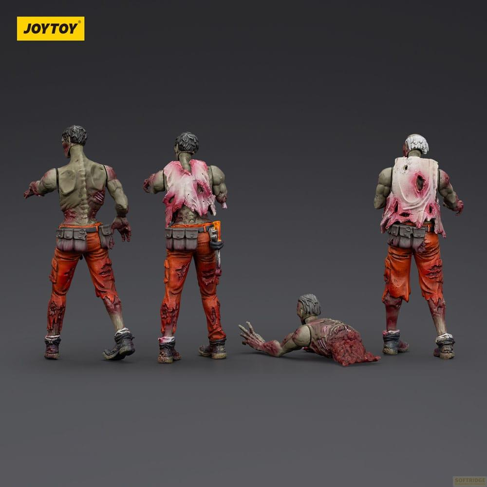 Tre figure di zombie in pantaloni arancioni e camicie strappate.