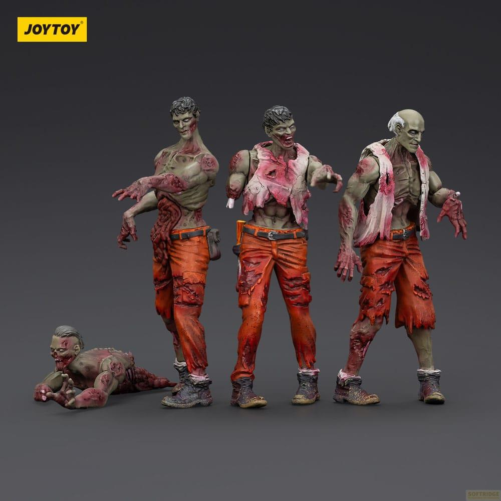 Quattro figure di zombie in abiti strappati, una a terra.