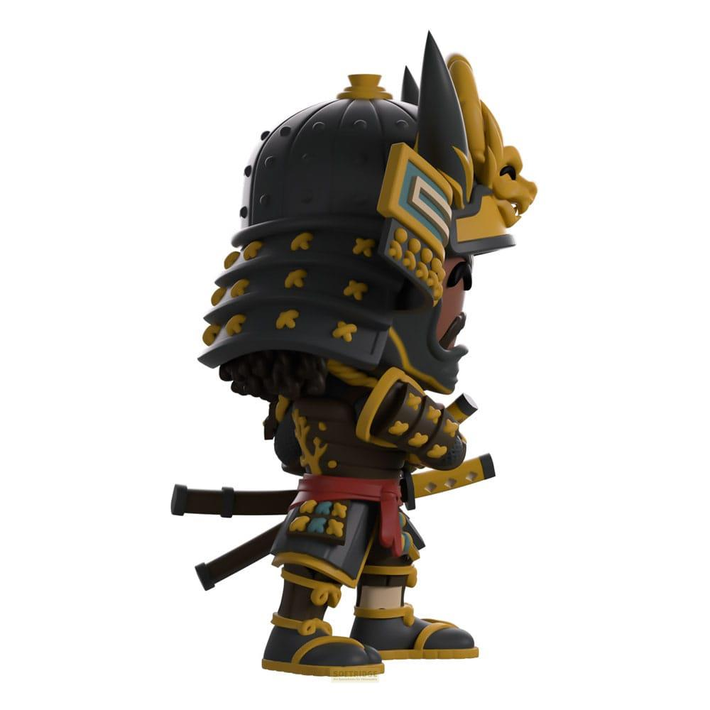 Eine stilisierte Samurai-Figur mit schwarzer und goldener Rüstung trägt ein Schwert.