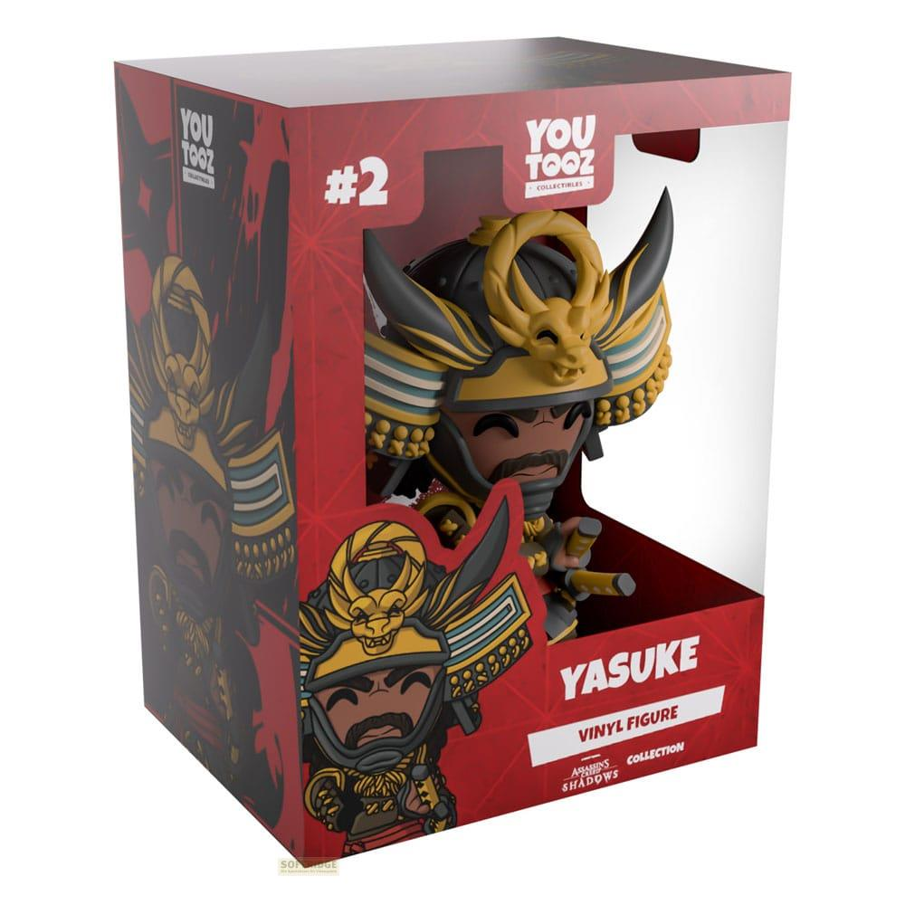 YASUKE Figur in der Verpackung, Samurai-Design, rot und schwarz.