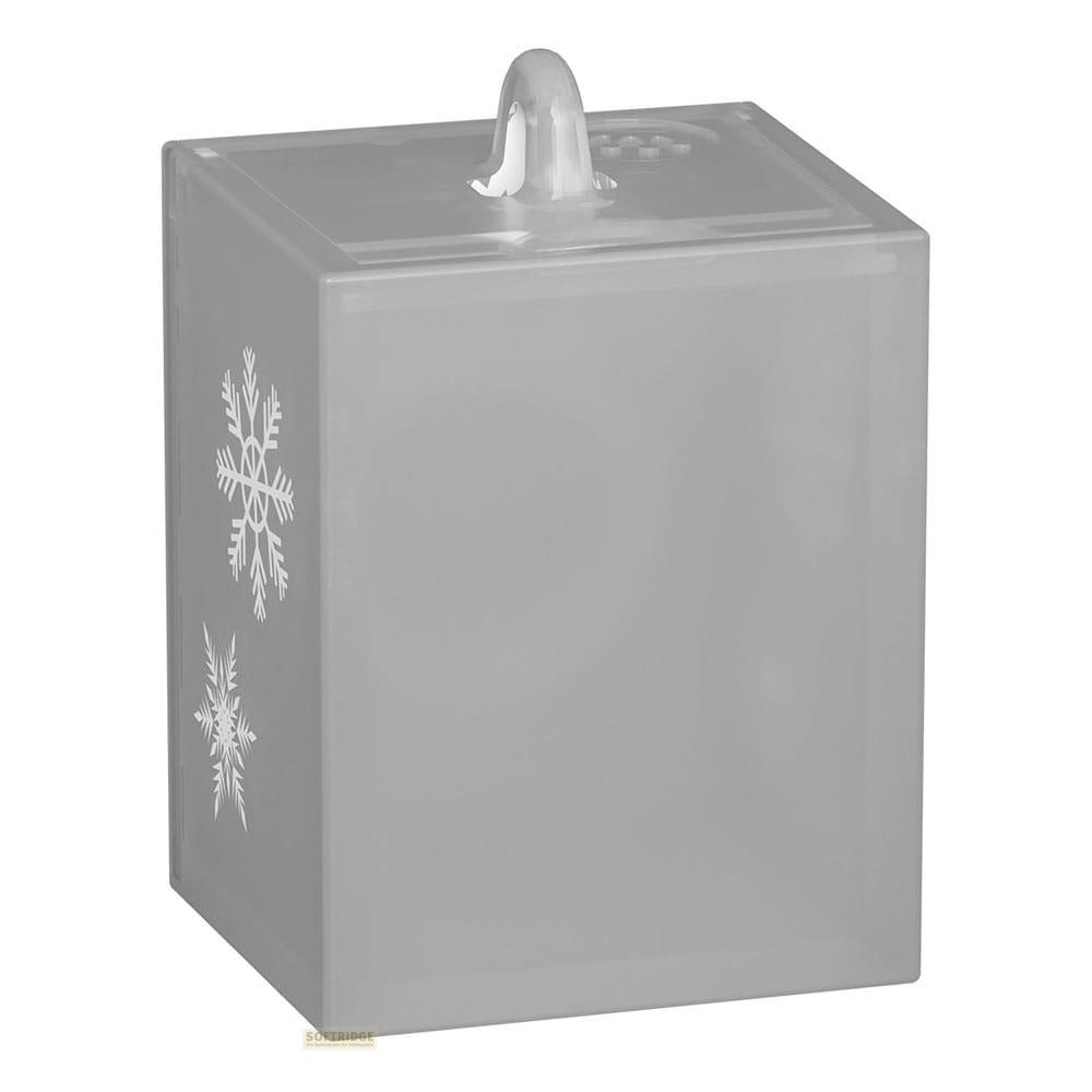Un contenitore trasparente a forma di cubo con disegni di fiocchi di neve e manico.