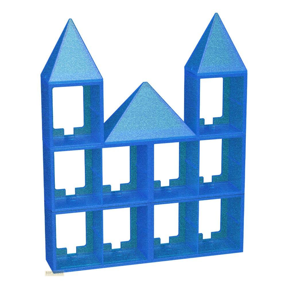 Unità di stoccaggio blu per giocattoli a forma di castello con nove scomparti.