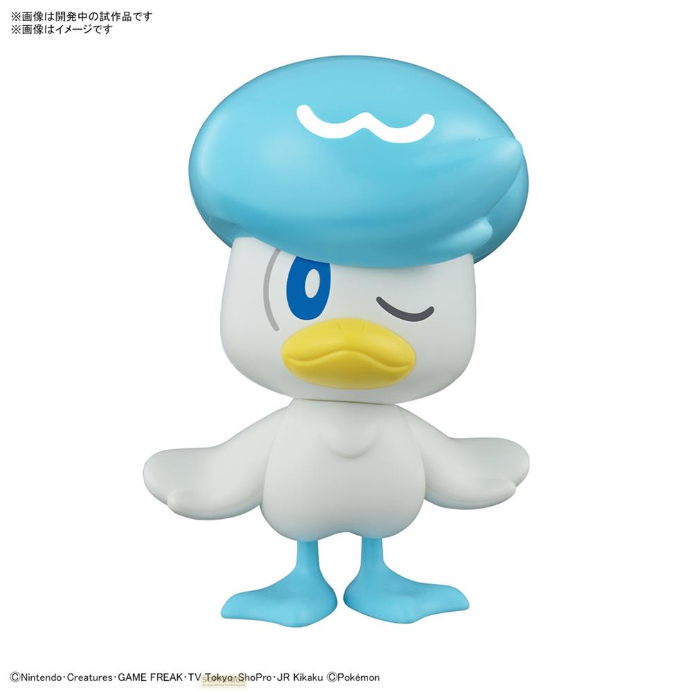 Personnage Pokémon blanc avec chapeau et bec bleus, faisant un clin d'œil.