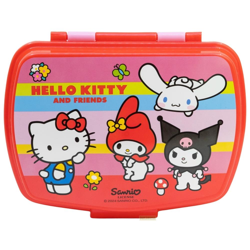 Fiambrera roja de Hello Kitty con Cinnamoroll, My Melody, Kuromi y flores.