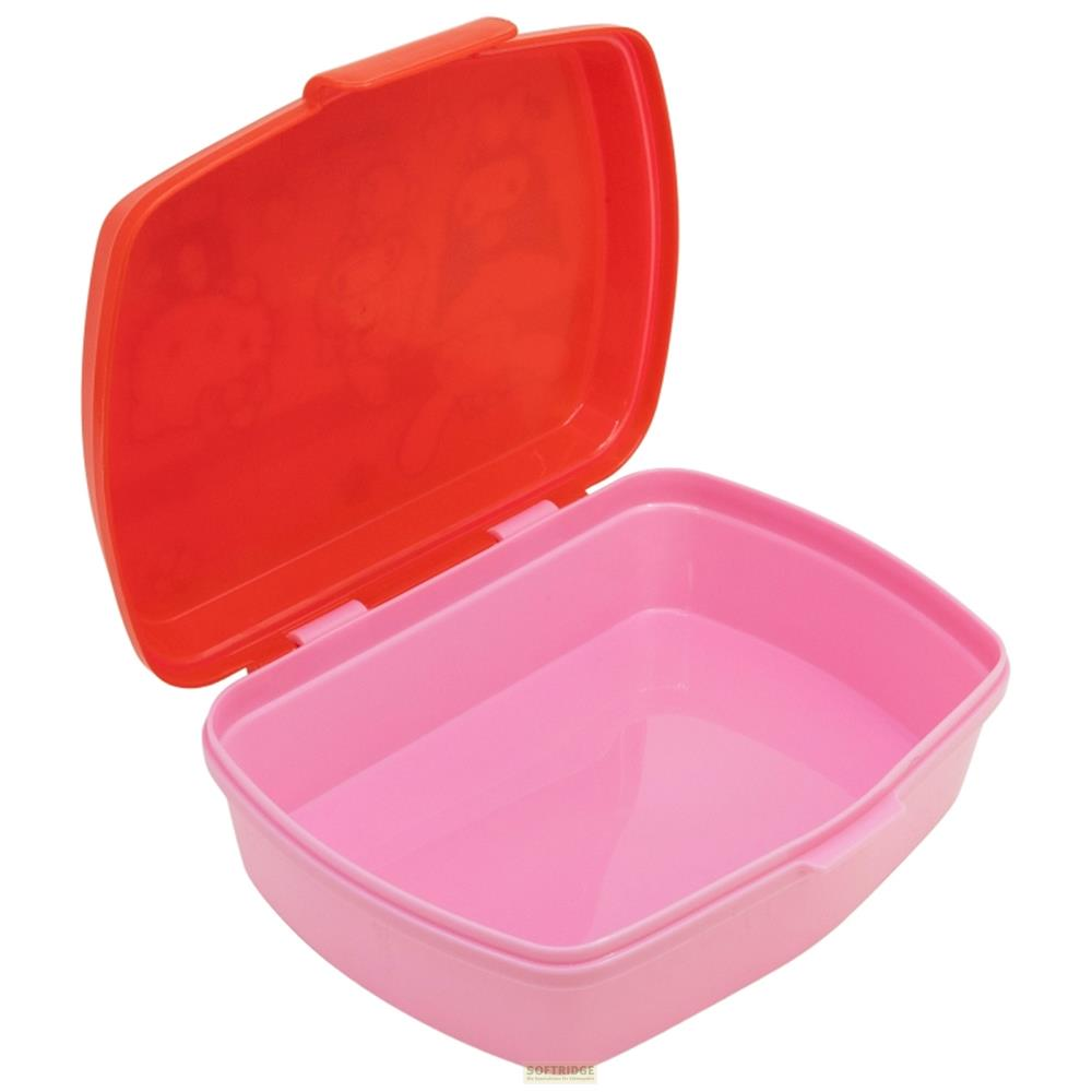 Un recipiente rectangular abierto de color rosa con su tapa roja abierta hacia arriba.