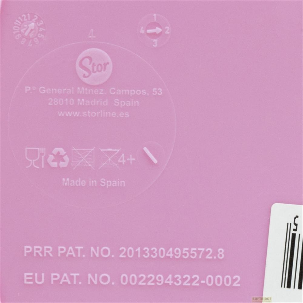 Embalaje rosa con texto y símbolos, Made in Spain.