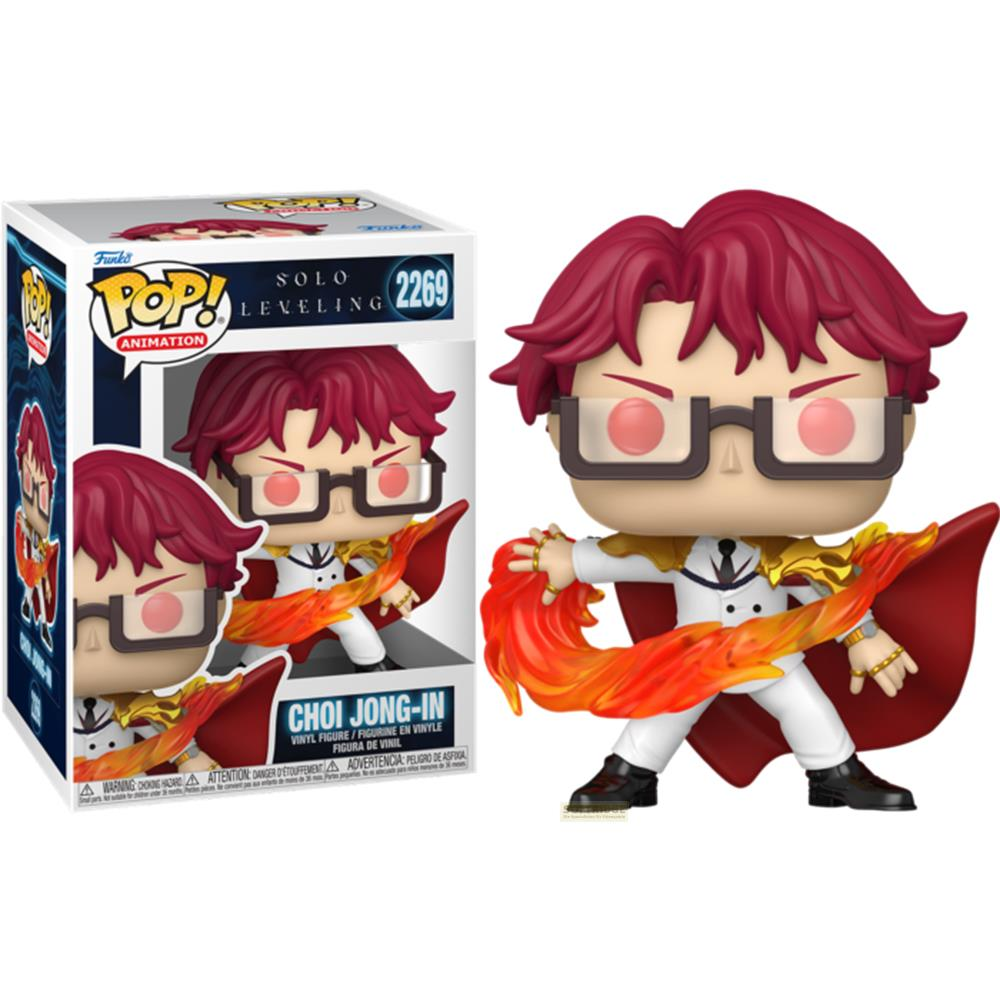 Figura de vinilo Choi Jong-In con pelo rojo, gafas, traje blanco y capa roja.