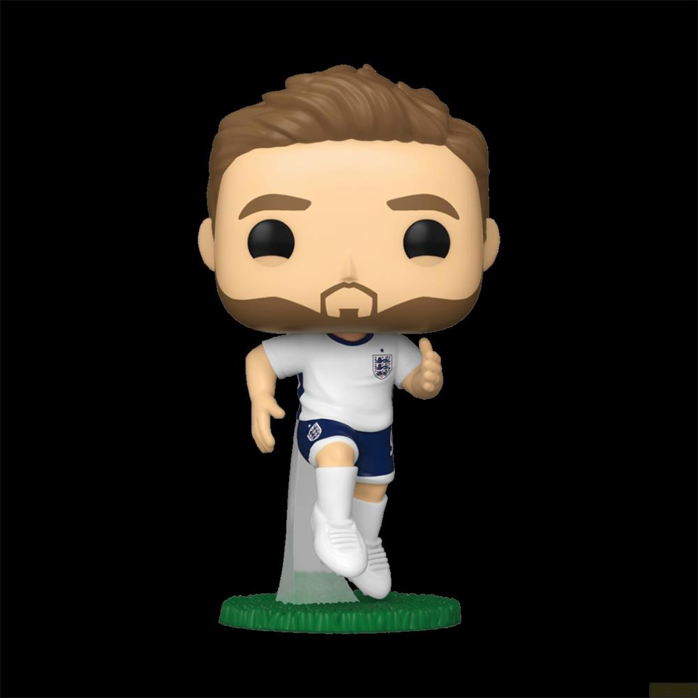 Funko Pop-Figur eines Fußballspielers in weißem Trikot, blauen Shorts und weißen Schuhen.