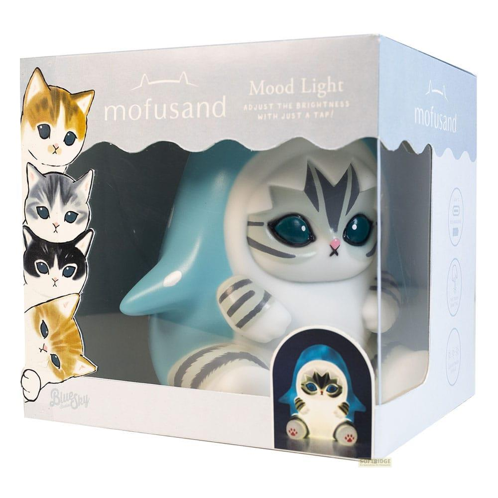 Eine Katze-förmige Stimmungslicht-Figur in einer Verpackung, mit Katzenbildern.