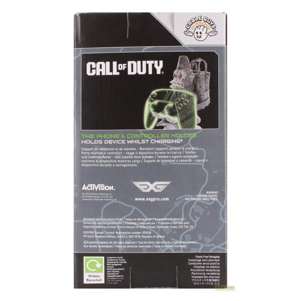 Soporte para mando de Call of Duty muestra figura con mando y teléfono.