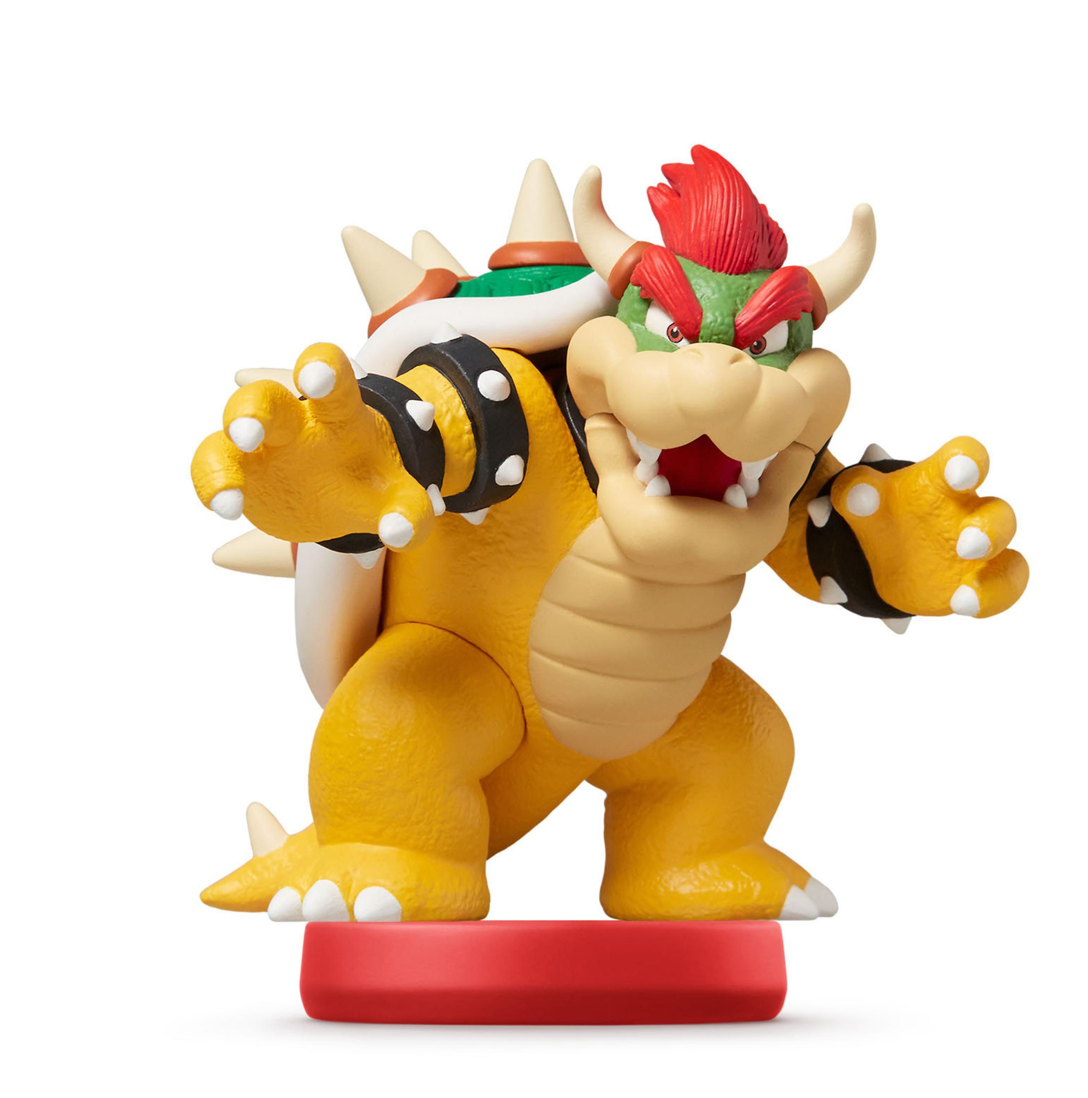 Une figurine détaillée de Bowser, le roi Koopa jaune, avec des cheveux rouges et des cornes.