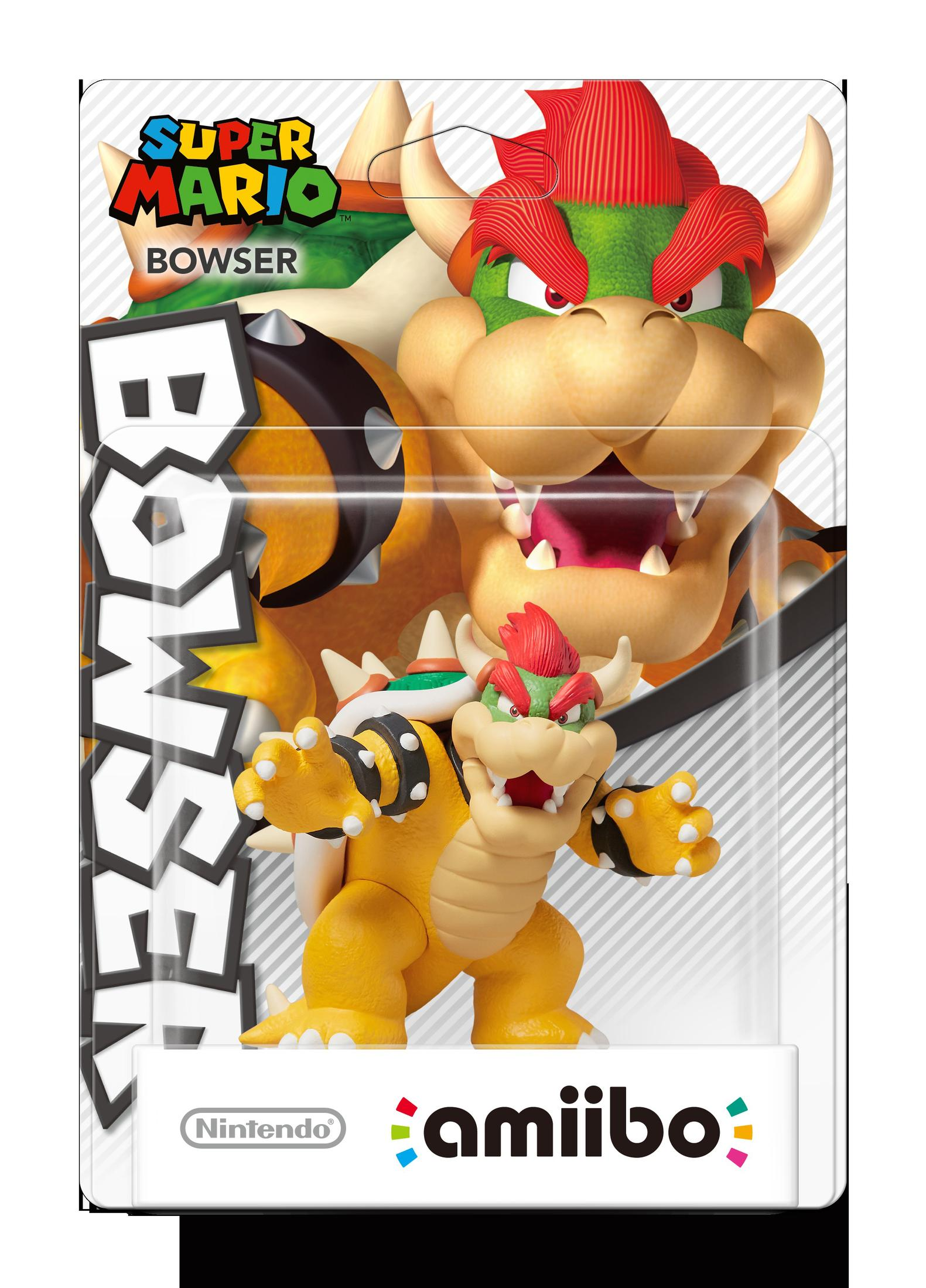 Figurine Amiibo Bowser dans son emballage, logo Super Mario, logo Nintendo.
