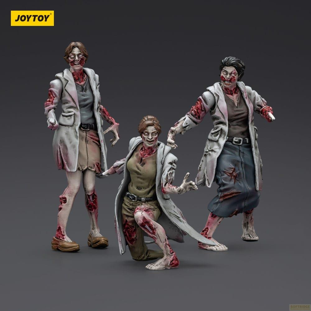 Tre figure di zombie femminili in camice da laboratorio con ferite sanguinanti su sfondo grigio.