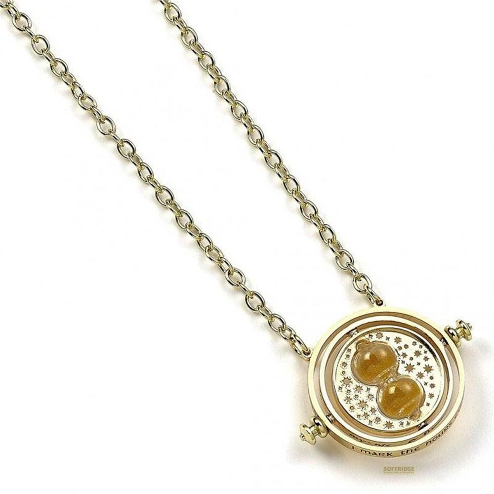 Collar de oro con colgante de reloj de arena dorado con arena color ámbar.