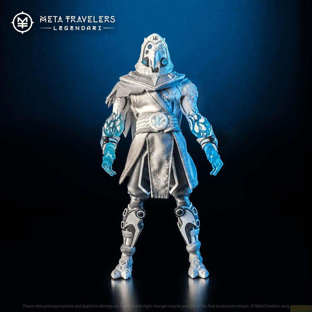 Eine weiße und blaue Actionfigur mit Kapuze, Rüstung und leuchtenden blauen Händen.