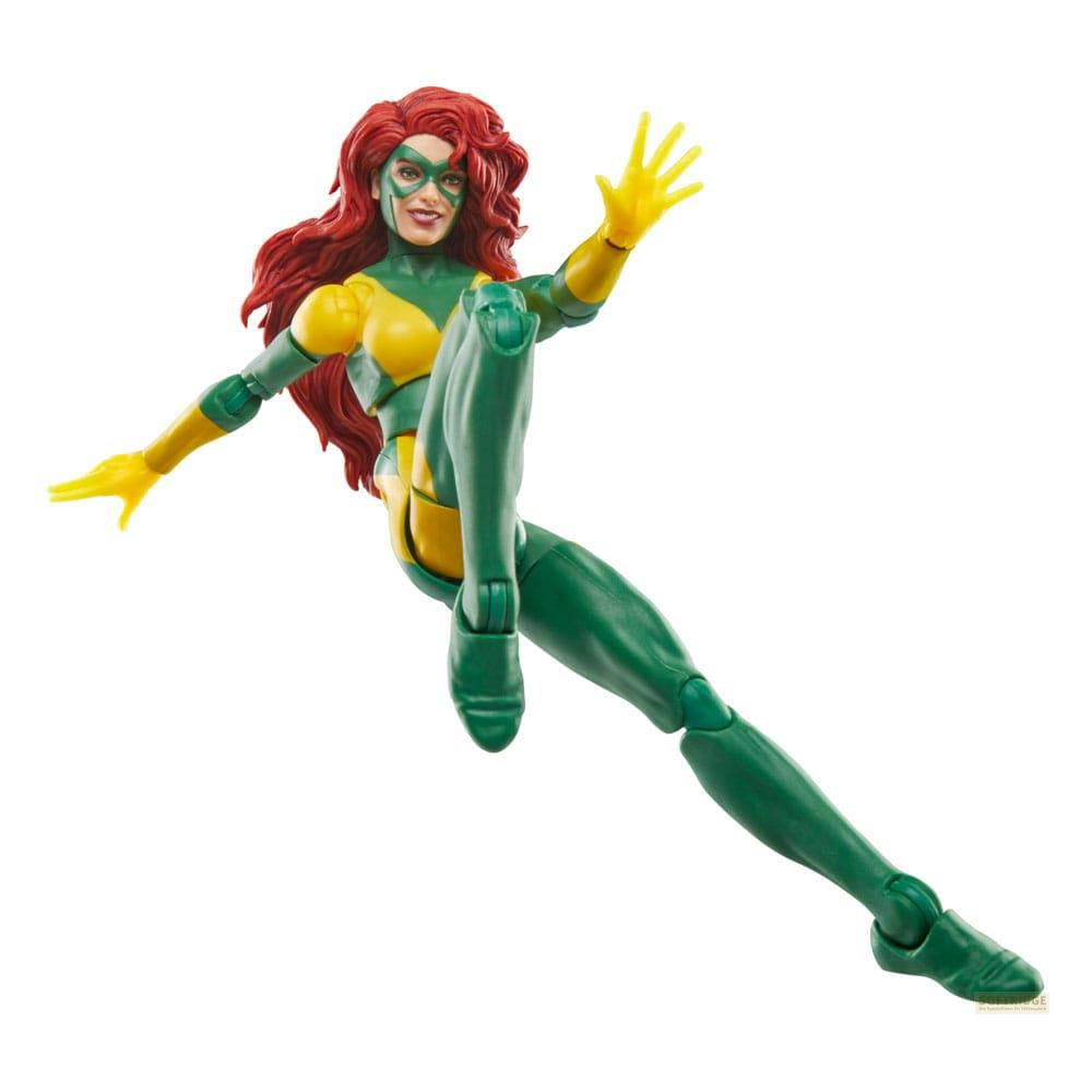 Una figura de acción de una mujer pelirroja con traje verde y amarillo.