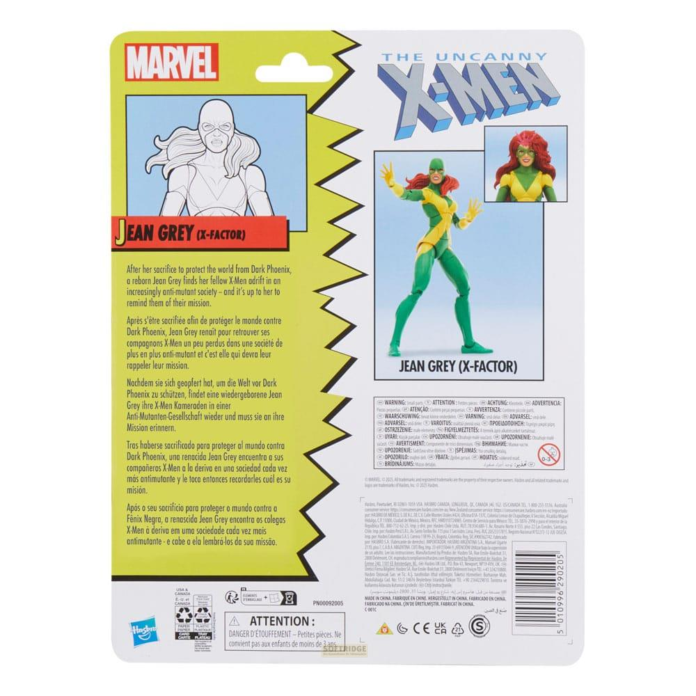 Figura Marvel X-Men Jean Grey con traje verde en el reverso del empaque.