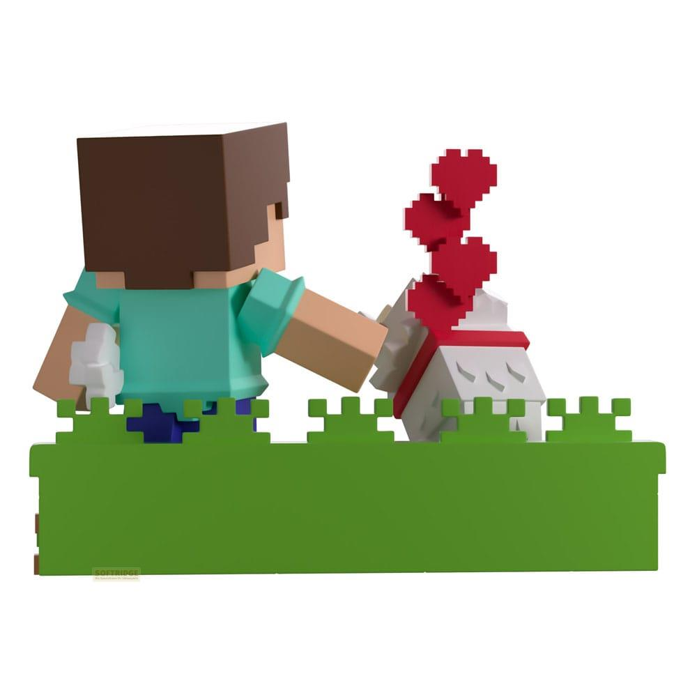 Minecraft-Figur mit Hund und Herzen im Gras.