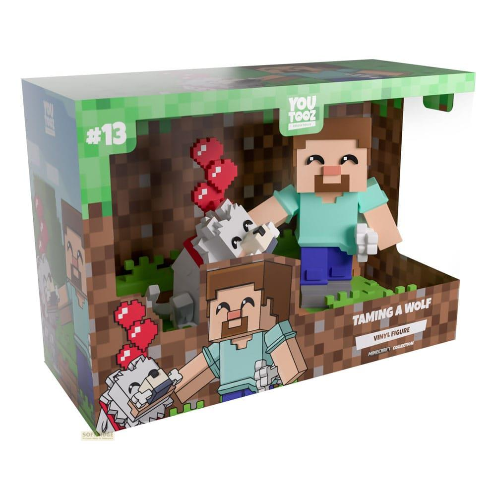 Minecraft-Spielzeug mit Steve-Figuren und Wölfen in pixeliger Umgebung.