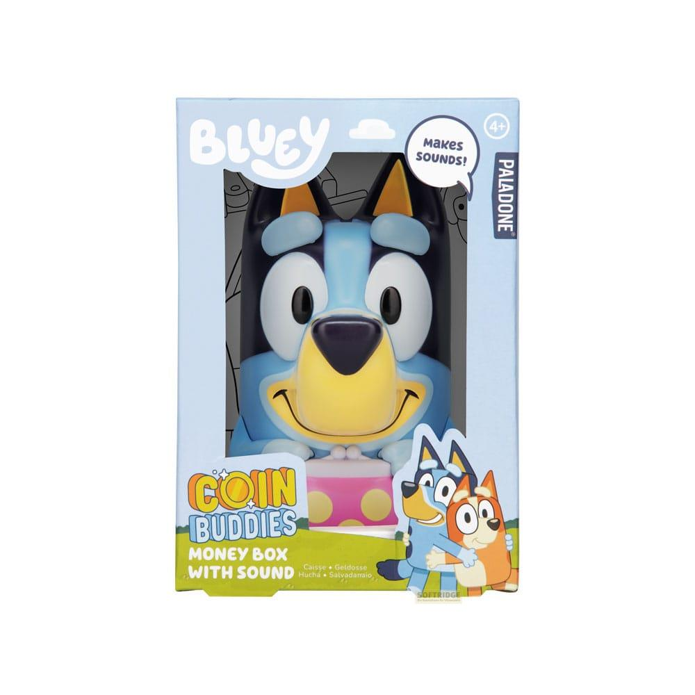 Bluey-Sparschwein-Spielzeug in Verpackung mit Geldschlitz und Geräuschen.
