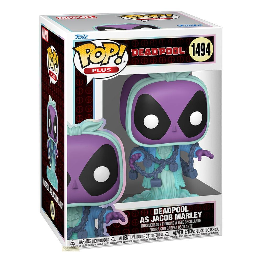 Figura Funko Pop! de Deadpool como Jacob Marley en morado y azul con cadenas.
