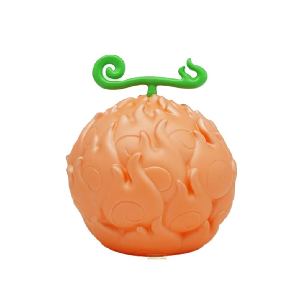 Eine orangefarbene Teufelsfrucht mit Flammenmuster und einem grünen Stiel.