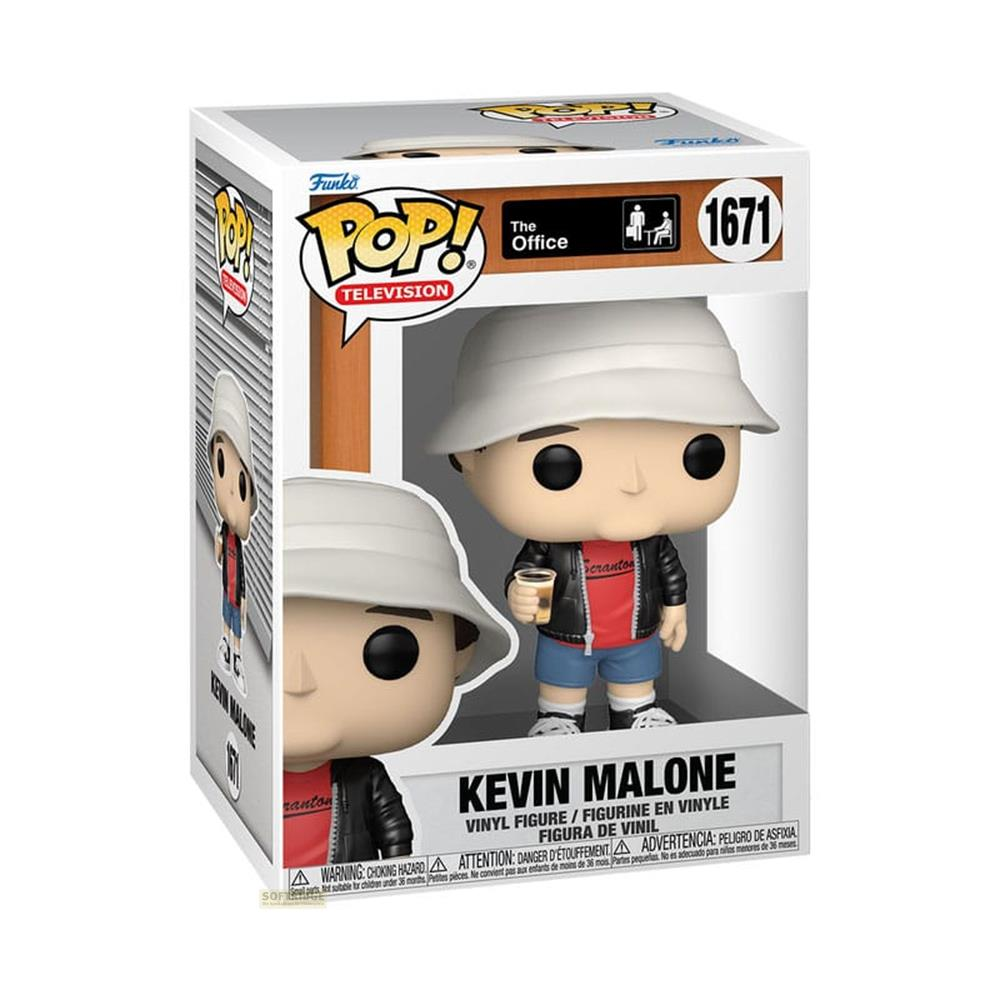 Funko Pop!-Figur von Kevin Malone aus The Office mit Eimerhut und Getränk.