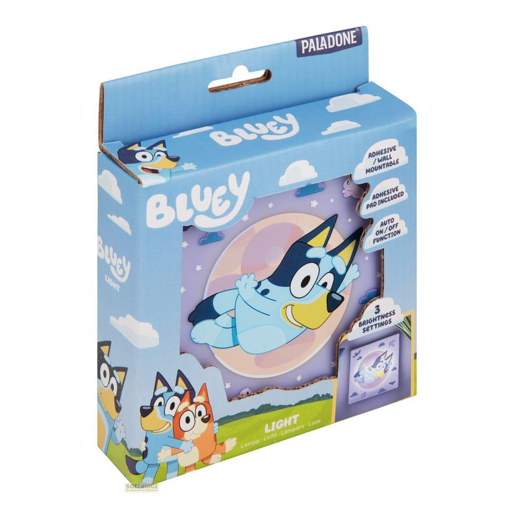 Opakowanie lampki Bluey przedstawia postać Bluey, z funkcjami takimi jak mocowanie na klej i automatyczne włączanie/wyłączanie.
