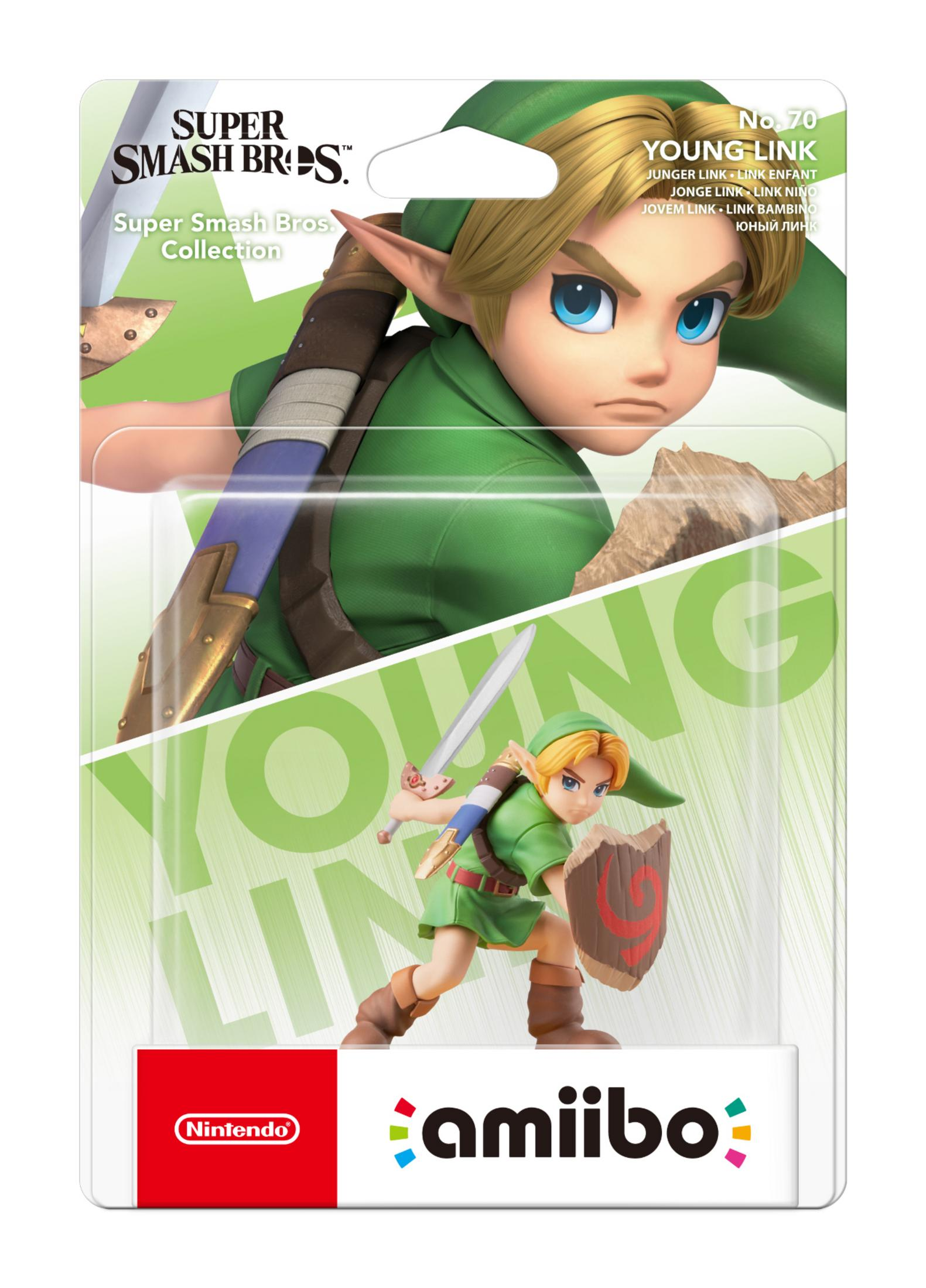 Statua di Young Link in confezione Super Smash Bros., con scudo e spada.