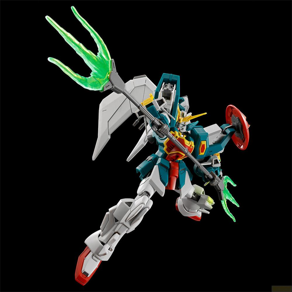 Un robot bleu sarcelle et blanc tenant une lance nergtique verte et un bouclier rouge.
