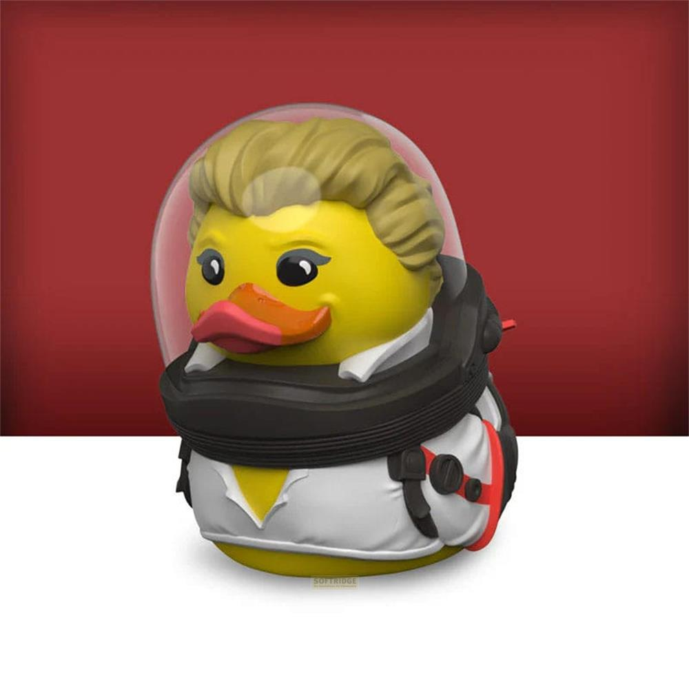 Ein gelber Gummi-Astronauten-Hahn mit blondem Haar und Helm.