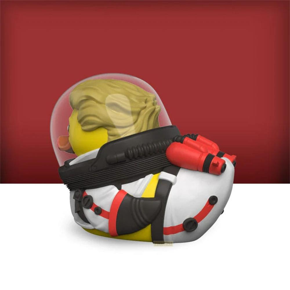 Eine gelbe Ente im Astronautenanzug mit rotem Rucksack und Helm.
