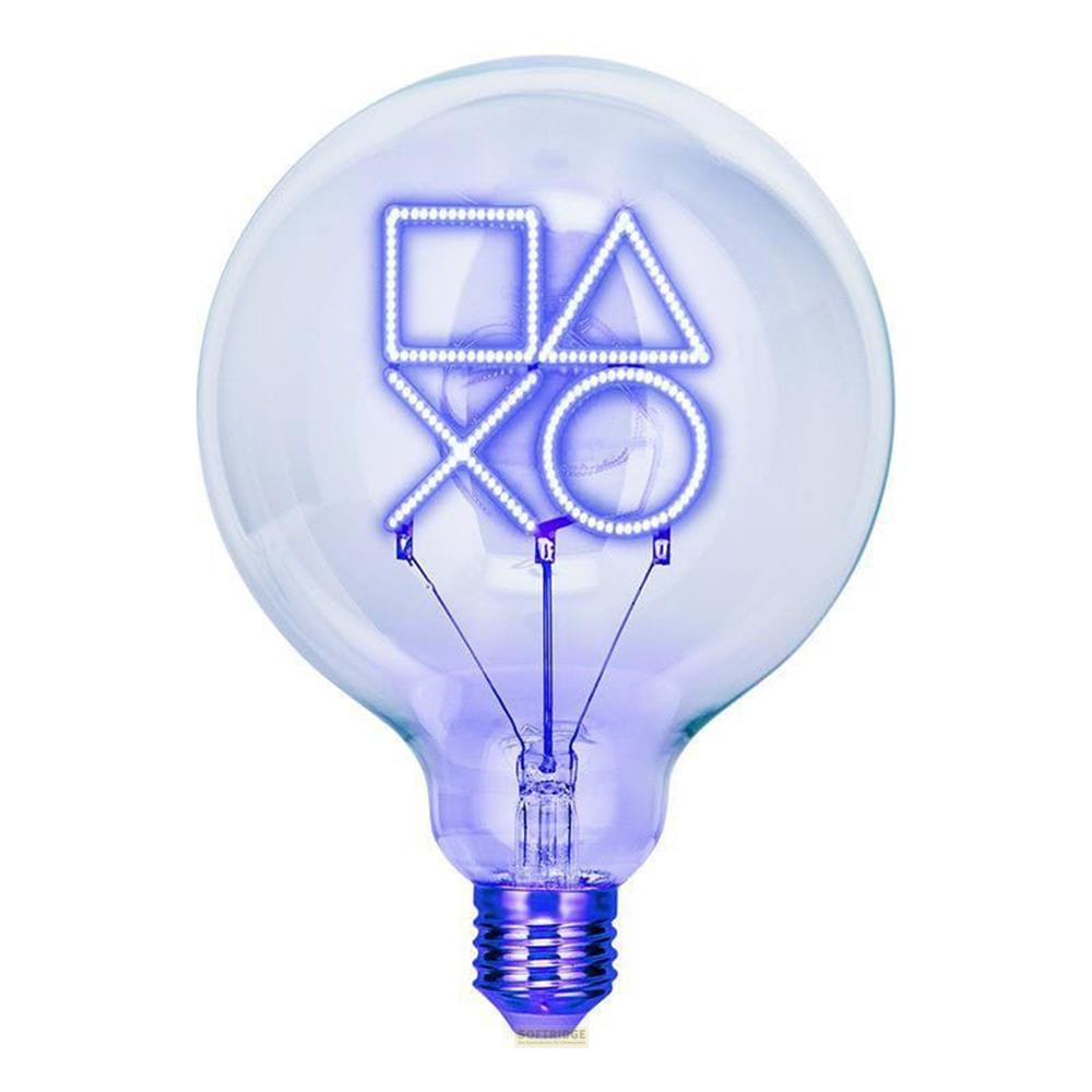 Eine Glühbirne mit blauen PlayStation-Symbolen (Kreis, X, Quadrat, Dreieck).