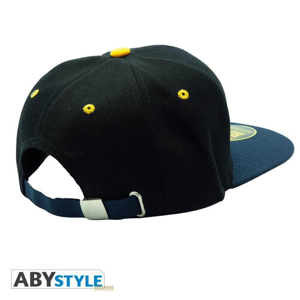 Schwarze Kappe mit gelben Akzenten und blauem Schirm. Verstellbarer Riemen.