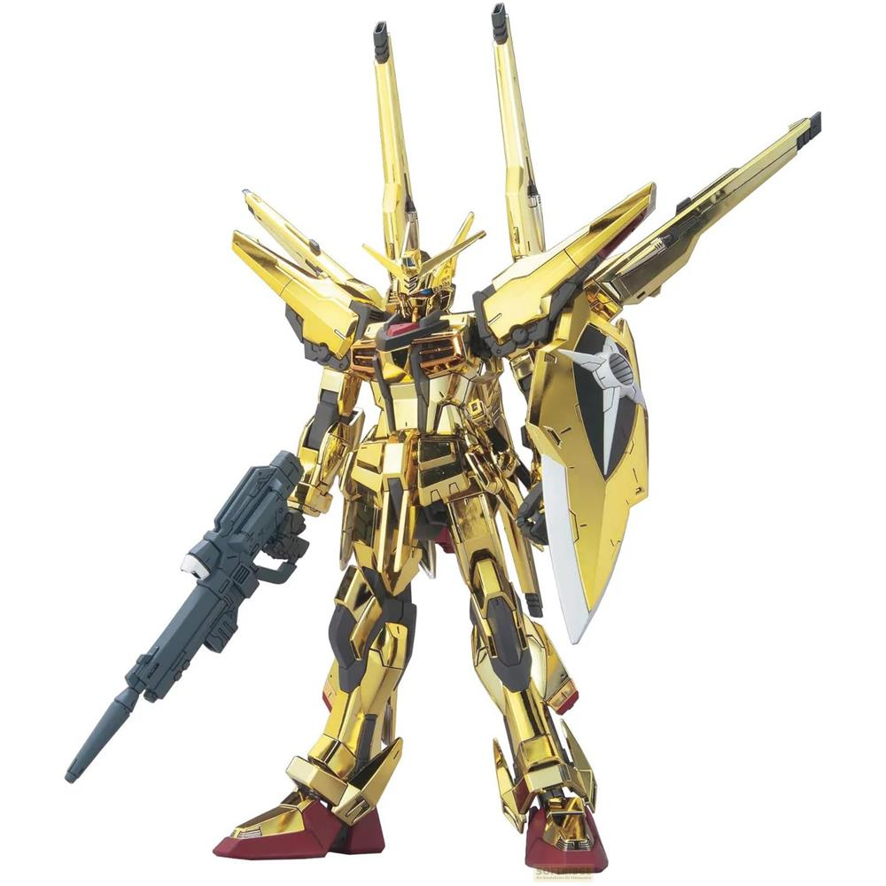 Goldener Gundam-Roboter mit Gewehr und Schild, weißer Hintergrund.