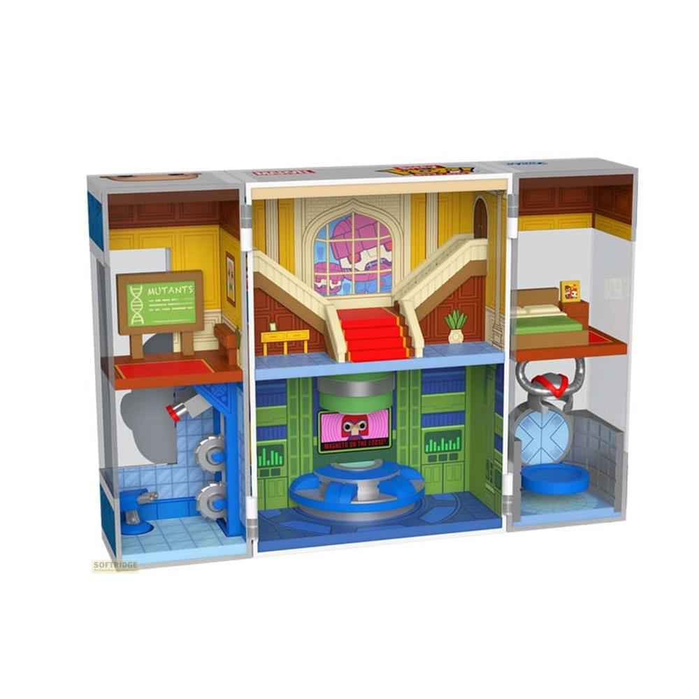 Ein mehrstöckiges Spielzeugschloss mit verschiedenen Räumen und Treppen.