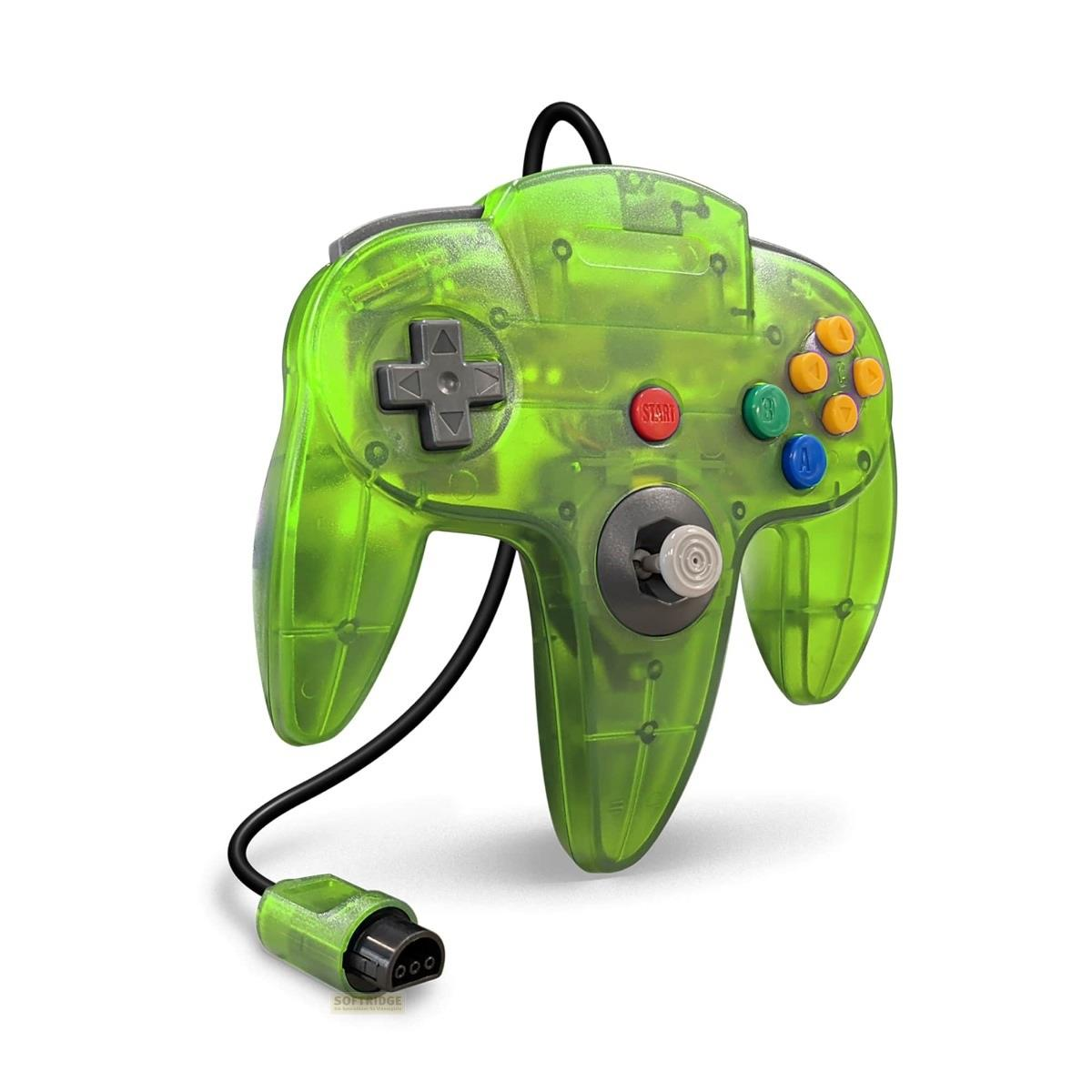 Ein durchsichtiger grüner Nintendo 64 Controller mit Kabel und Stecker.