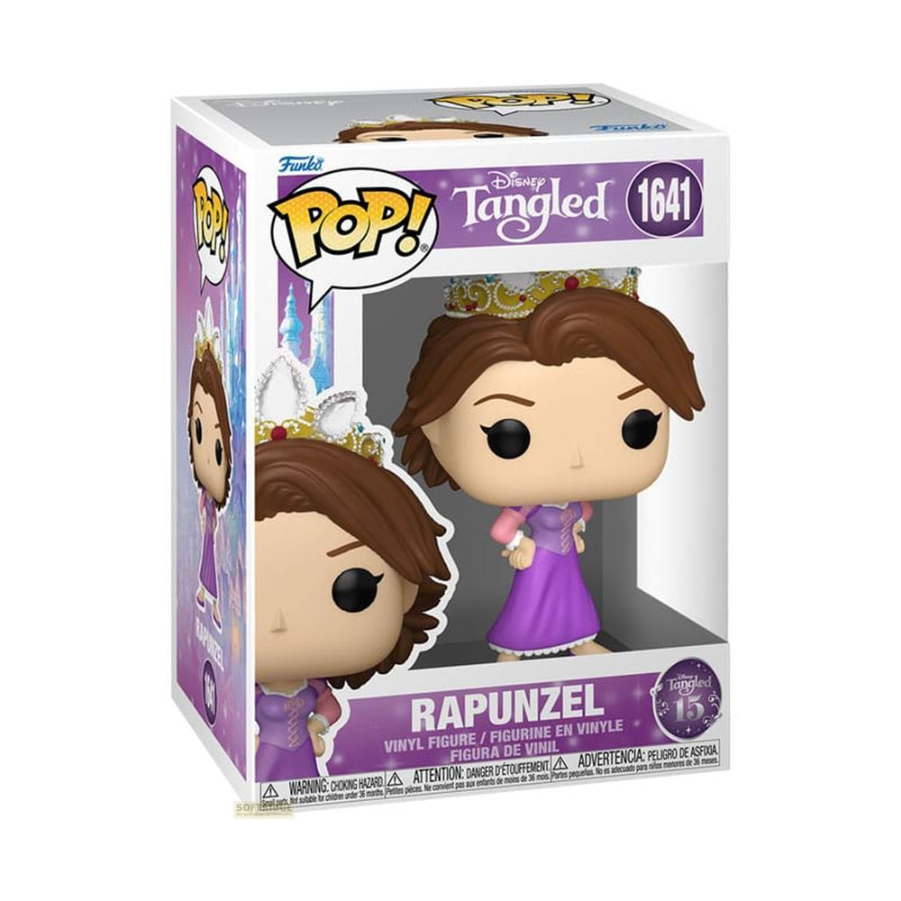 Figura Funko Pop! de Rapunzel con vestido morado y corona, dentro de su caja.