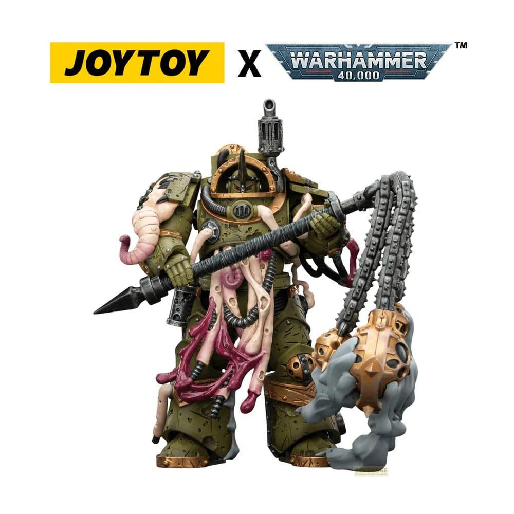 Zielona figura wojownika z kosą łańcuchową i włócznią, logo JOYTOY x WARHAMMER 40.000.