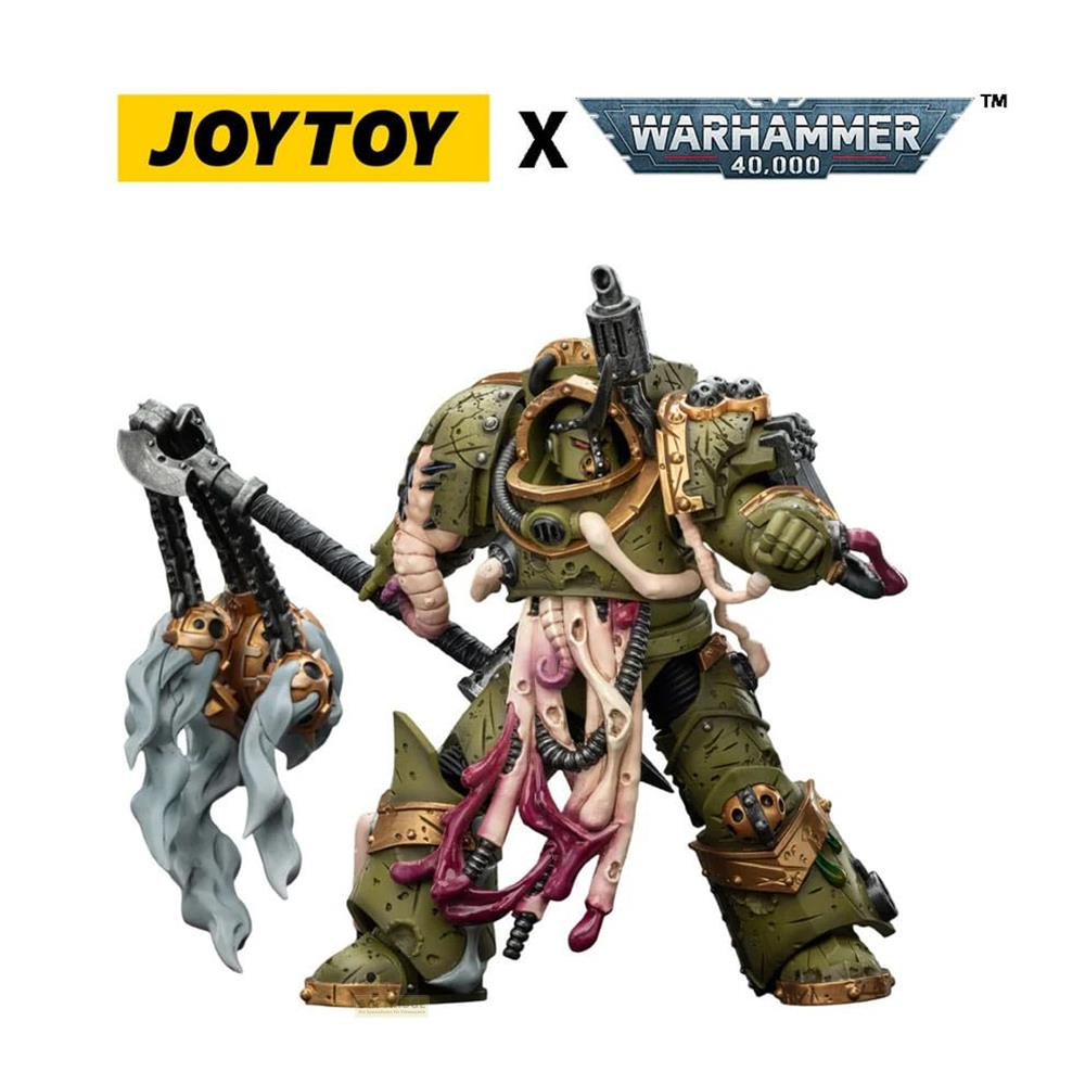 Zielona postać z toporem i bronią, logo JOYTOY x WARHAMMER 40,000.