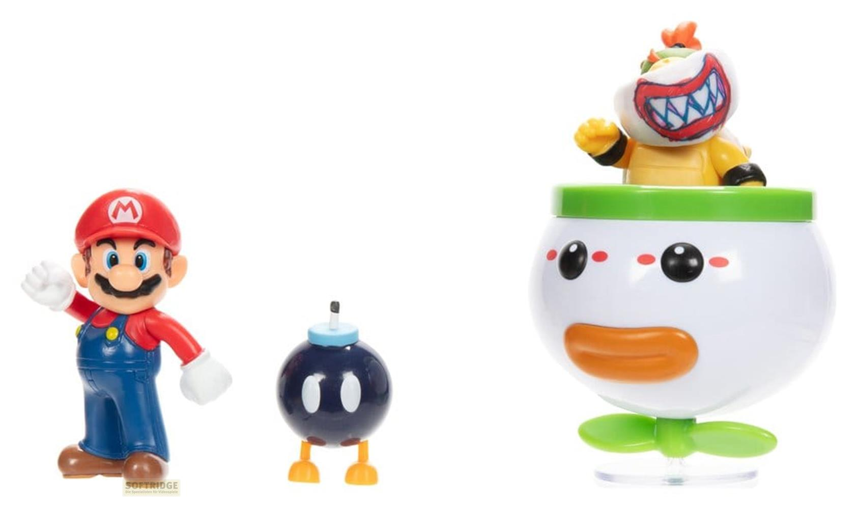 Mario, Bob-omb y Bowser Jr. en su Koopa Clown Car sobre fondo blanco.