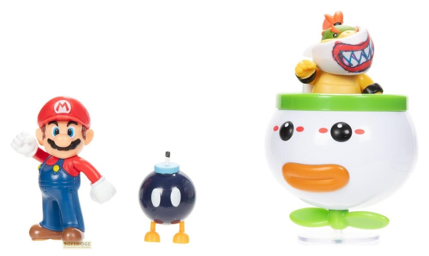 Mario, un Bob-omb y Bowser Jr. en su caparazón.