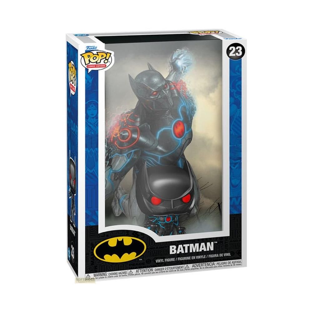 Figura Funko Pop! Batman Comic Cover con armadura oscura y efectos de energía azul.