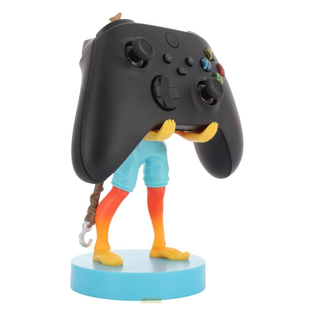 Ein Controller-Halter in Form einer Figur mit blauen Shorts und orangen Beinen.